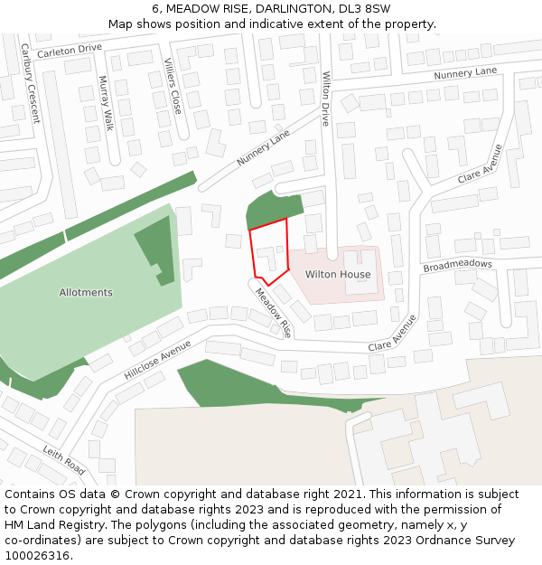 6, MEADOW RISE, DARLINGTON, DL3 8SW: Location map and indicative extent of plot