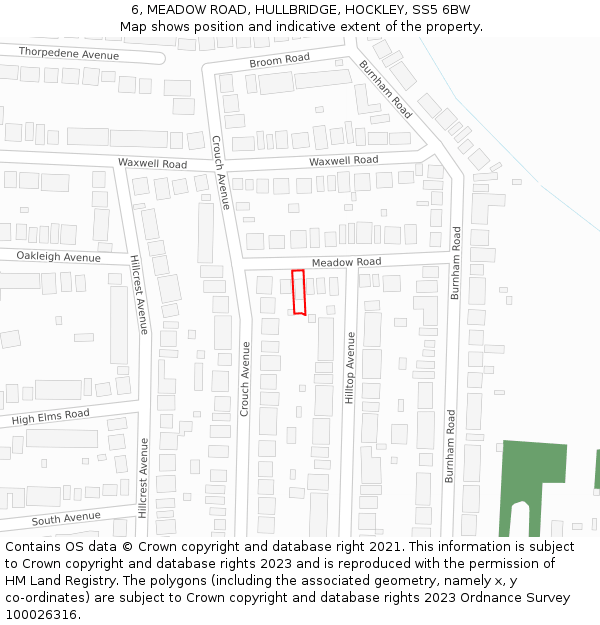 6, MEADOW ROAD, HULLBRIDGE, HOCKLEY, SS5 6BW: Location map and indicative extent of plot