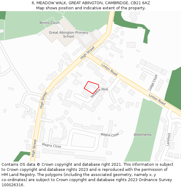 6, MEADOW WALK, GREAT ABINGTON, CAMBRIDGE, CB21 6AZ: Location map and indicative extent of plot