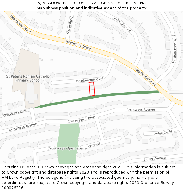 6, MEADOWCROFT CLOSE, EAST GRINSTEAD, RH19 1NA: Location map and indicative extent of plot