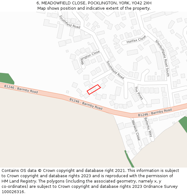 6, MEADOWFIELD CLOSE, POCKLINGTON, YORK, YO42 2XH: Location map and indicative extent of plot