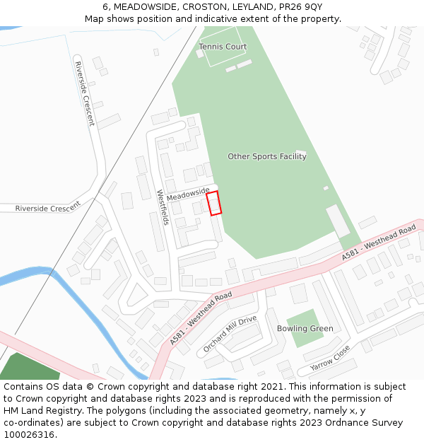 6, MEADOWSIDE, CROSTON, LEYLAND, PR26 9QY: Location map and indicative extent of plot