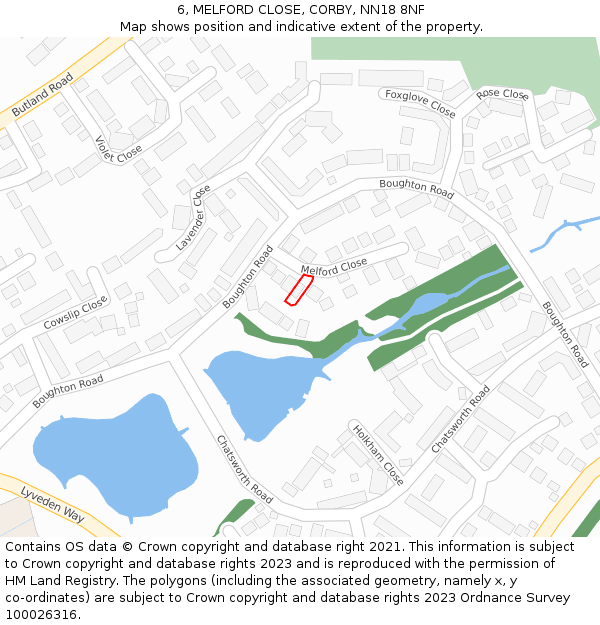 6, MELFORD CLOSE, CORBY, NN18 8NF: Location map and indicative extent of plot