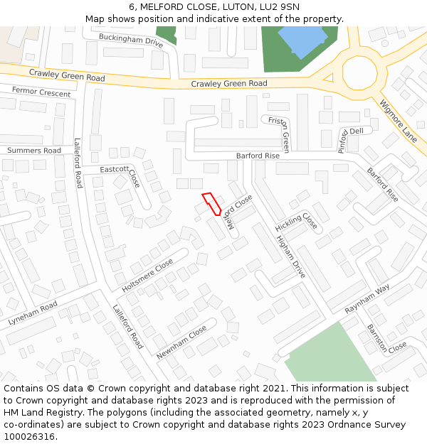 6, MELFORD CLOSE, LUTON, LU2 9SN: Location map and indicative extent of plot