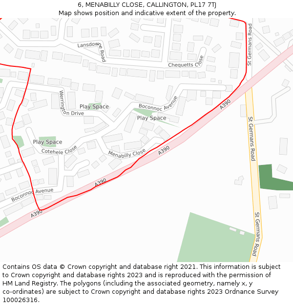 6, MENABILLY CLOSE, CALLINGTON, PL17 7TJ: Location map and indicative extent of plot