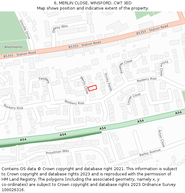 6, MERLIN CLOSE, WINSFORD, CW7 3ED: Location map and indicative extent of plot