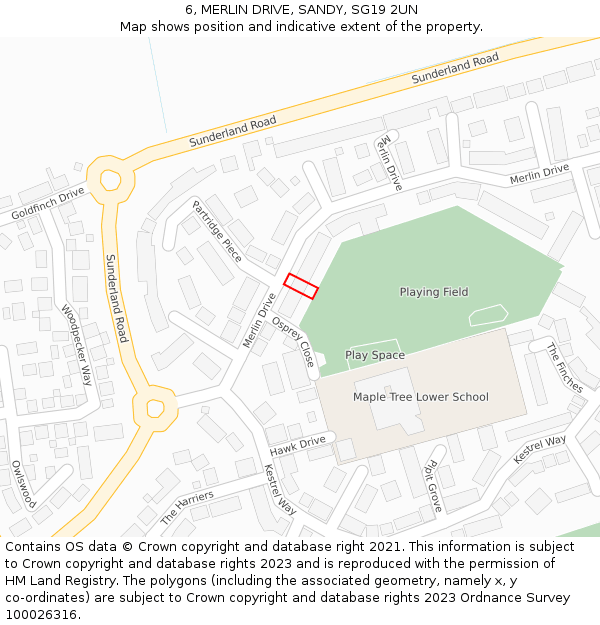 6, MERLIN DRIVE, SANDY, SG19 2UN: Location map and indicative extent of plot