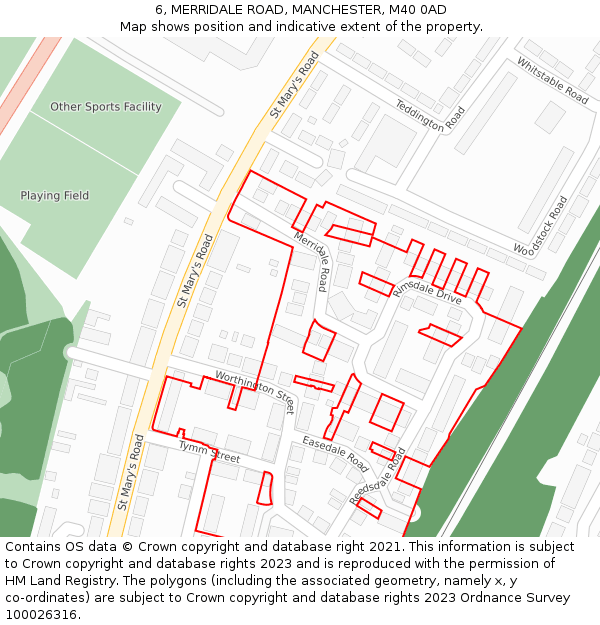 6, MERRIDALE ROAD, MANCHESTER, M40 0AD: Location map and indicative extent of plot