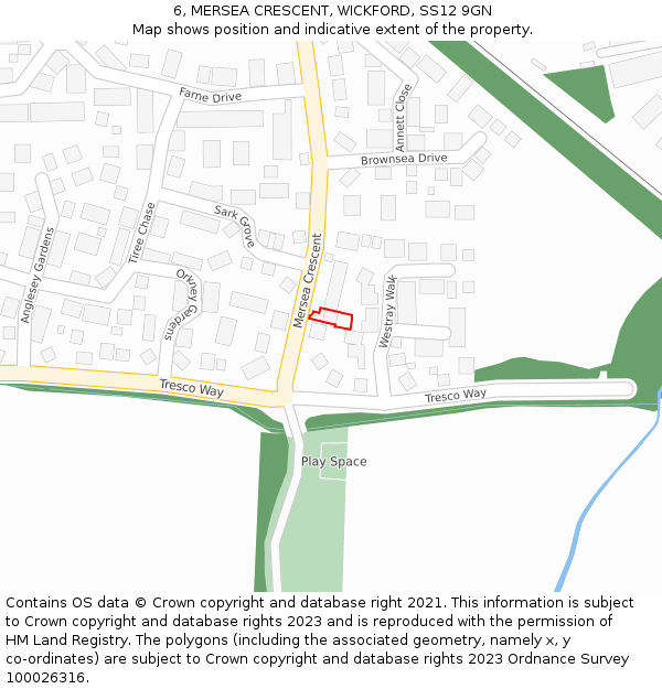 6, MERSEA CRESCENT, WICKFORD, SS12 9GN: Location map and indicative extent of plot