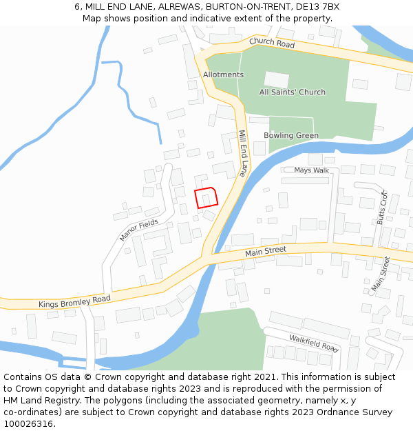 6, MILL END LANE, ALREWAS, BURTON-ON-TRENT, DE13 7BX: Location map and indicative extent of plot