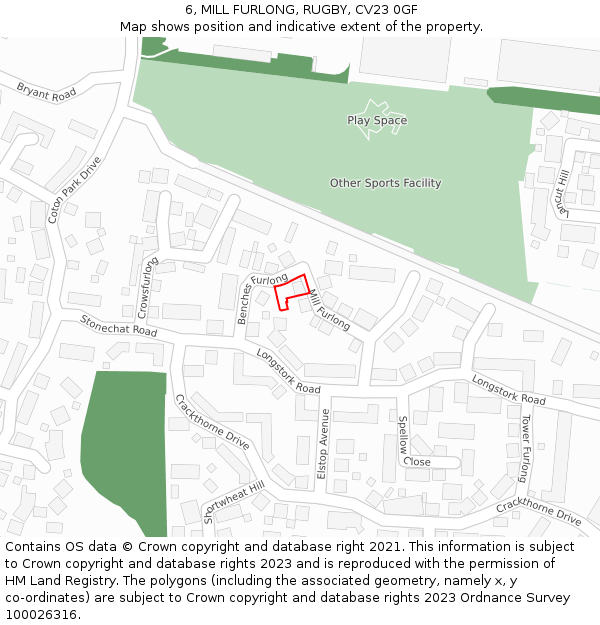 6, MILL FURLONG, RUGBY, CV23 0GF: Location map and indicative extent of plot