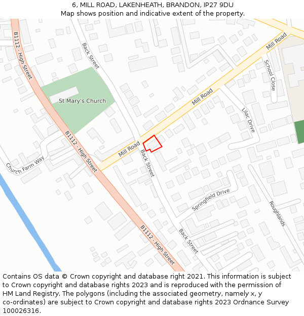 6, MILL ROAD, LAKENHEATH, BRANDON, IP27 9DU: Location map and indicative extent of plot