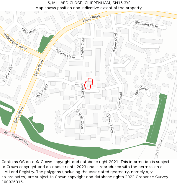 6, MILLARD CLOSE, CHIPPENHAM, SN15 3YF: Location map and indicative extent of plot
