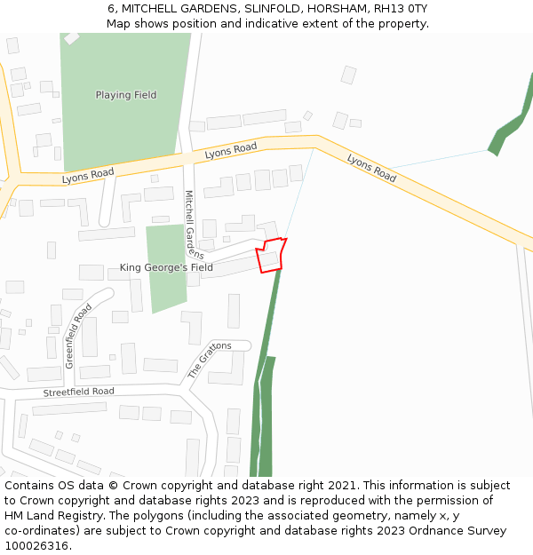 6, MITCHELL GARDENS, SLINFOLD, HORSHAM, RH13 0TY: Location map and indicative extent of plot