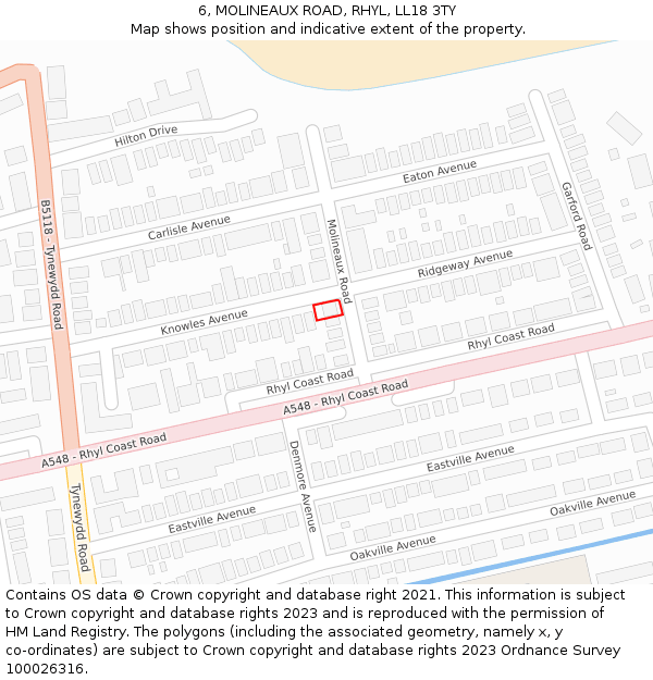6, MOLINEAUX ROAD, RHYL, LL18 3TY: Location map and indicative extent of plot