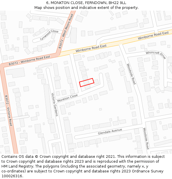 6, MONKTON CLOSE, FERNDOWN, BH22 9LL: Location map and indicative extent of plot