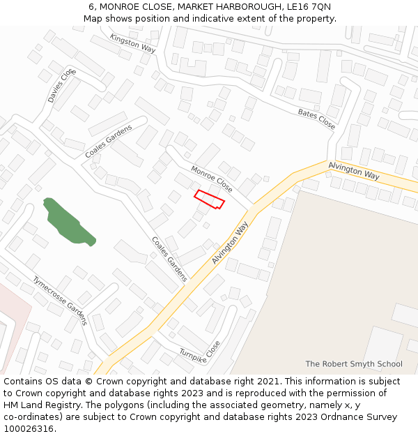 6, MONROE CLOSE, MARKET HARBOROUGH, LE16 7QN: Location map and indicative extent of plot
