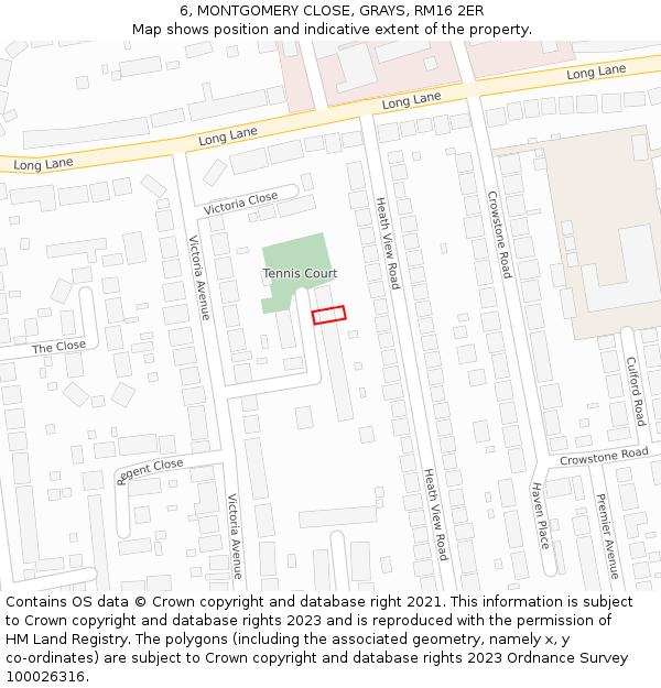 6, MONTGOMERY CLOSE, GRAYS, RM16 2ER: Location map and indicative extent of plot