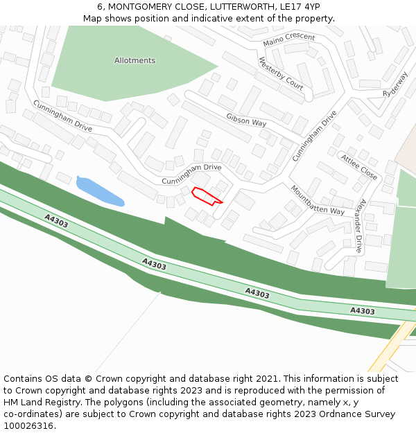 6, MONTGOMERY CLOSE, LUTTERWORTH, LE17 4YP: Location map and indicative extent of plot