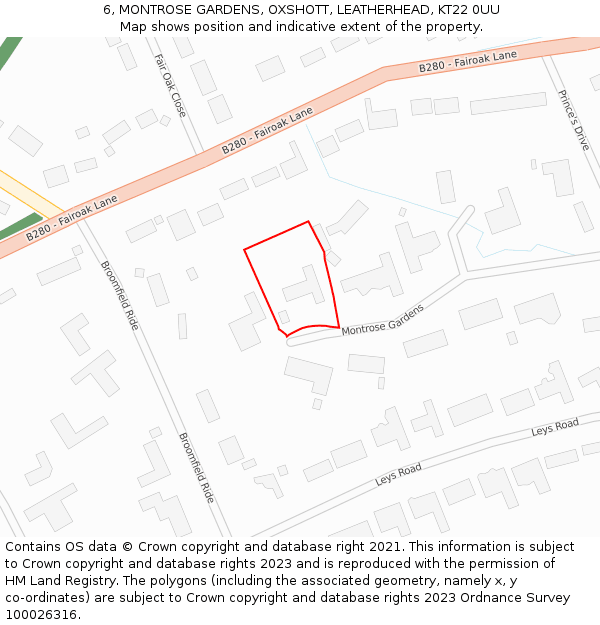 6, MONTROSE GARDENS, OXSHOTT, LEATHERHEAD, KT22 0UU: Location map and indicative extent of plot