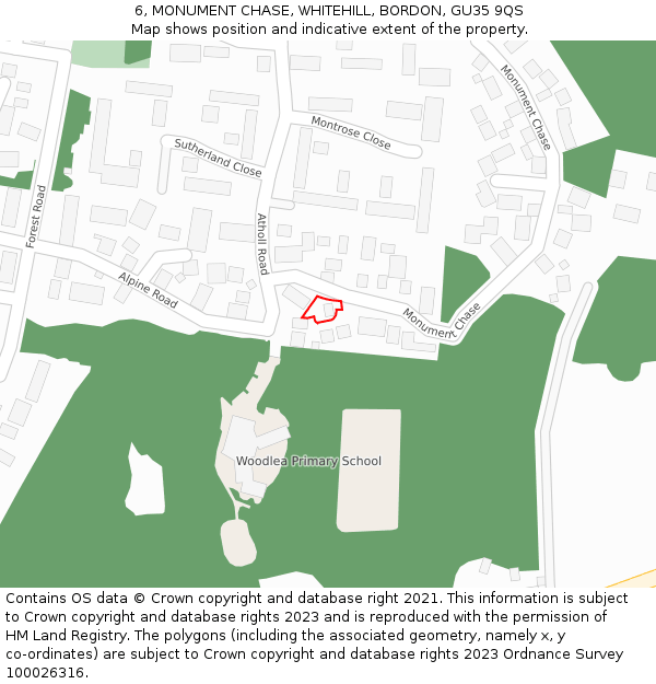 6, MONUMENT CHASE, WHITEHILL, BORDON, GU35 9QS: Location map and indicative extent of plot