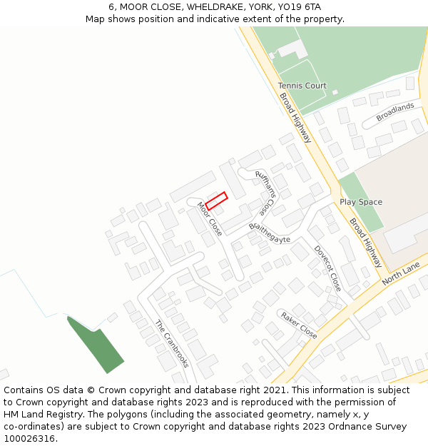 6, MOOR CLOSE, WHELDRAKE, YORK, YO19 6TA: Location map and indicative extent of plot