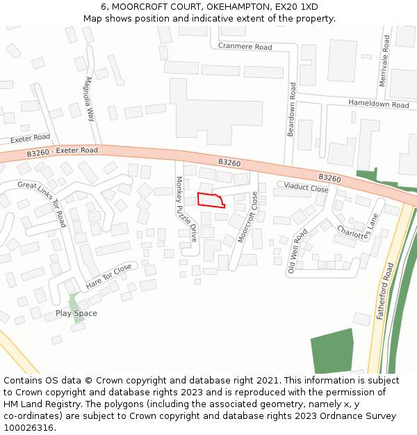 6, MOORCROFT COURT, OKEHAMPTON, EX20 1XD: Location map and indicative extent of plot