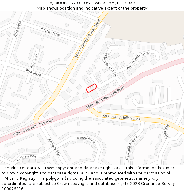 6, MOORHEAD CLOSE, WREXHAM, LL13 9XB: Location map and indicative extent of plot