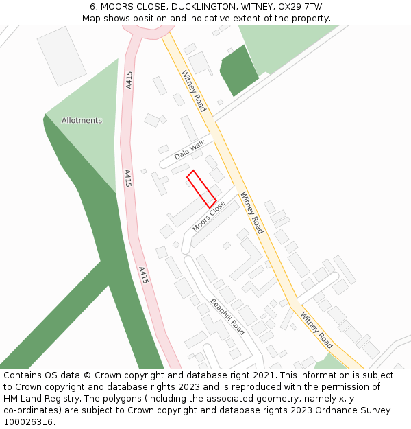 6, MOORS CLOSE, DUCKLINGTON, WITNEY, OX29 7TW: Location map and indicative extent of plot