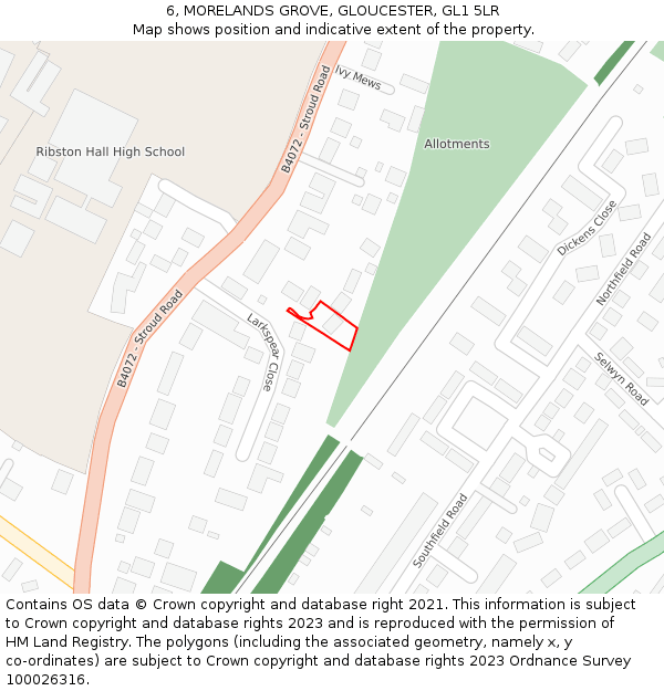 6, MORELANDS GROVE, GLOUCESTER, GL1 5LR: Location map and indicative extent of plot