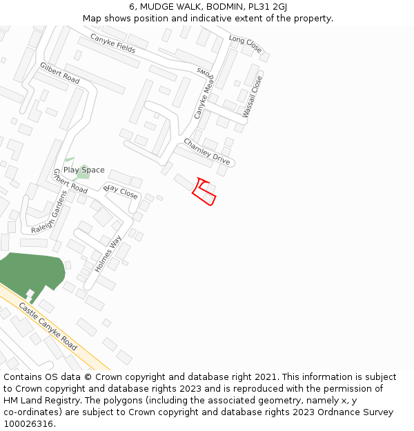 6, MUDGE WALK, BODMIN, PL31 2GJ: Location map and indicative extent of plot