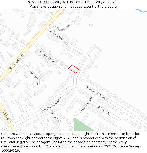 6, MULBERRY CLOSE, BOTTISHAM, CAMBRIDGE, CB25 9BW: Location map and indicative extent of plot