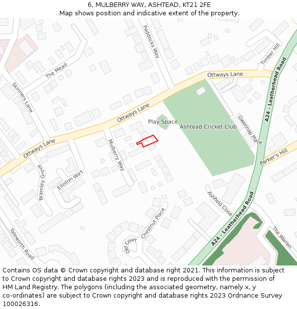 6, MULBERRY WAY, ASHTEAD, KT21 2FE: Location map and indicative extent of plot