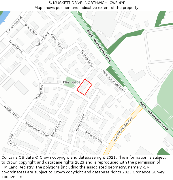 6, MUSKETT DRIVE, NORTHWICH, CW8 4YP: Location map and indicative extent of plot