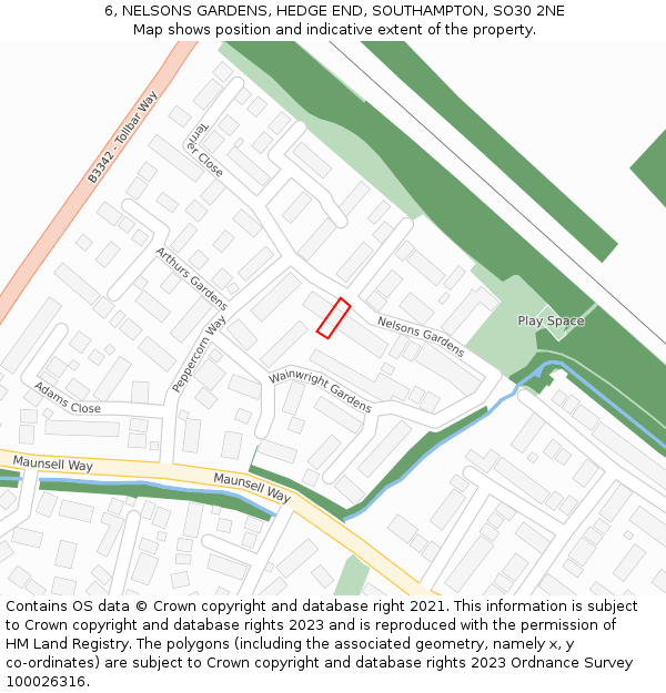 6, NELSONS GARDENS, HEDGE END, SOUTHAMPTON, SO30 2NE: Location map and indicative extent of plot