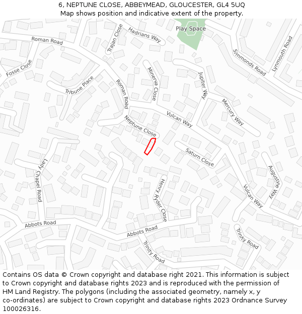 6, NEPTUNE CLOSE, ABBEYMEAD, GLOUCESTER, GL4 5UQ: Location map and indicative extent of plot