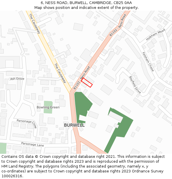 6, NESS ROAD, BURWELL, CAMBRIDGE, CB25 0AA: Location map and indicative extent of plot