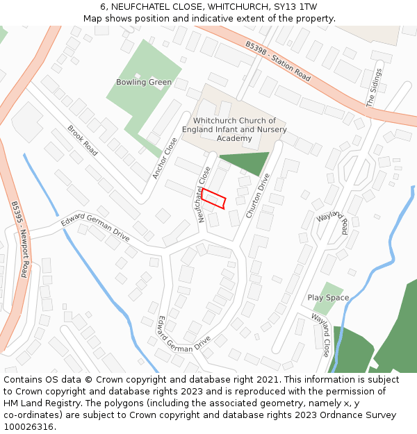 6, NEUFCHATEL CLOSE, WHITCHURCH, SY13 1TW: Location map and indicative extent of plot
