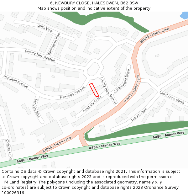 6, NEWBURY CLOSE, HALESOWEN, B62 8SW: Location map and indicative extent of plot