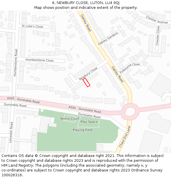 6, NEWBURY CLOSE, LUTON, LU4 9QJ: Location map and indicative extent of plot