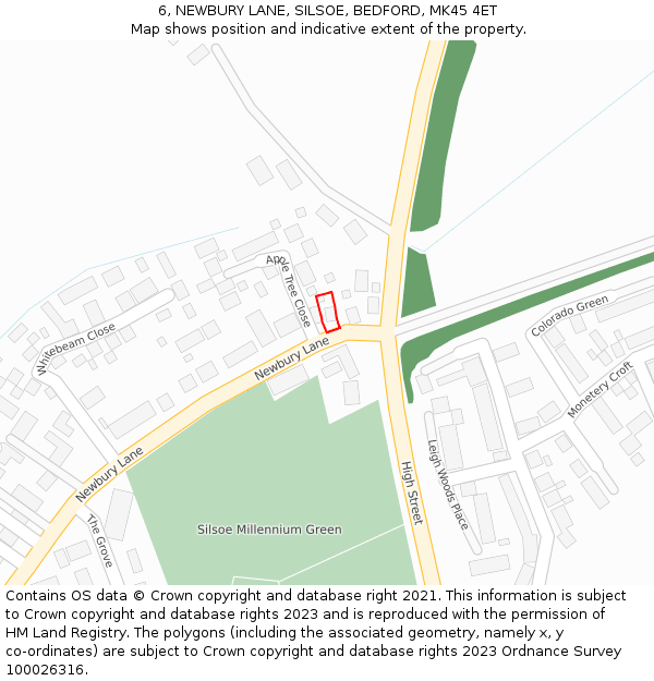 6, NEWBURY LANE, SILSOE, BEDFORD, MK45 4ET: Location map and indicative extent of plot