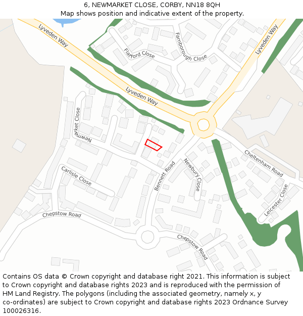 6, NEWMARKET CLOSE, CORBY, NN18 8QH: Location map and indicative extent of plot