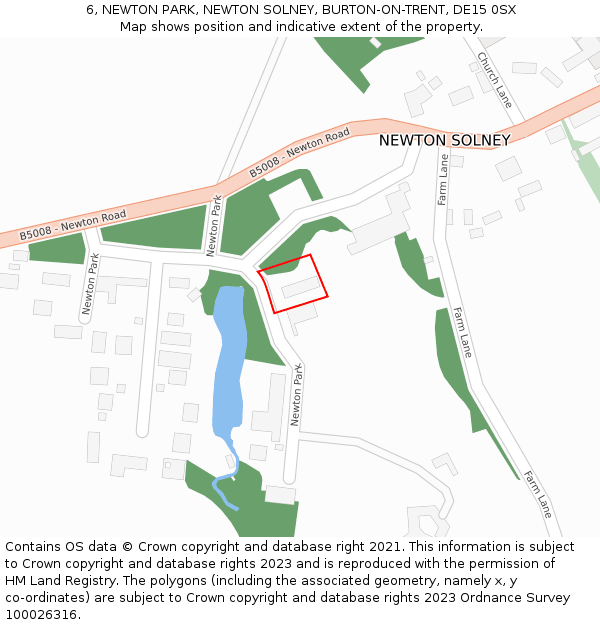 6, NEWTON PARK, NEWTON SOLNEY, BURTON-ON-TRENT, DE15 0SX: Location map and indicative extent of plot