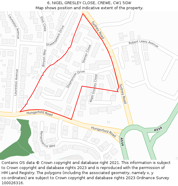 6, NIGEL GRESLEY CLOSE, CREWE, CW1 5GW: Location map and indicative extent of plot