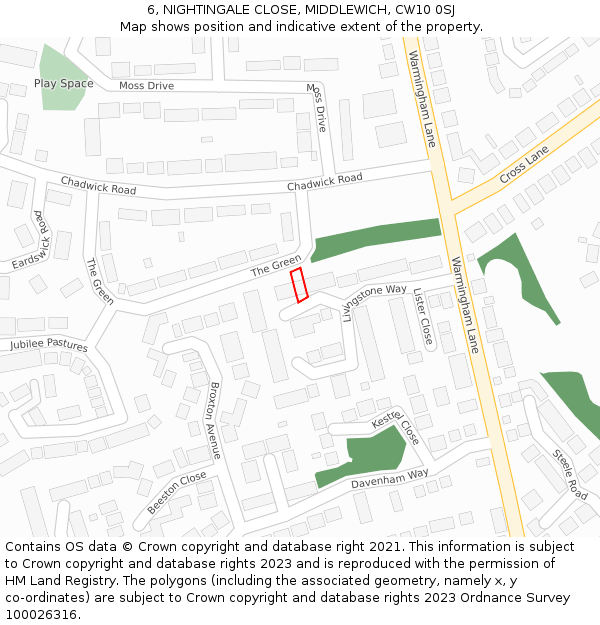 6, NIGHTINGALE CLOSE, MIDDLEWICH, CW10 0SJ: Location map and indicative extent of plot