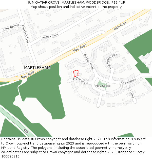 6, NIGHTJAR GROVE, MARTLESHAM, WOODBRIDGE, IP12 4UF: Location map and indicative extent of plot