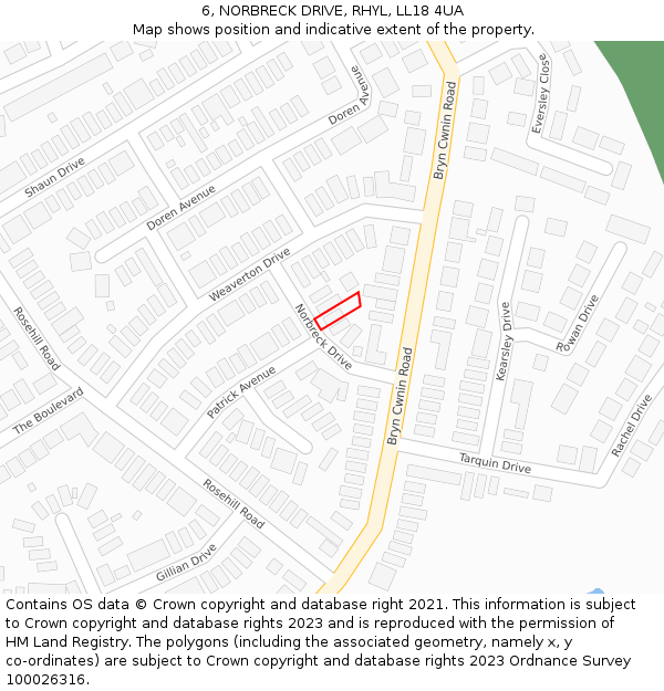 6, NORBRECK DRIVE, RHYL, LL18 4UA: Location map and indicative extent of plot