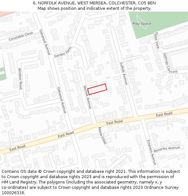 6, NORFOLK AVENUE, WEST MERSEA, COLCHESTER, CO5 8EN: Location map and indicative extent of plot