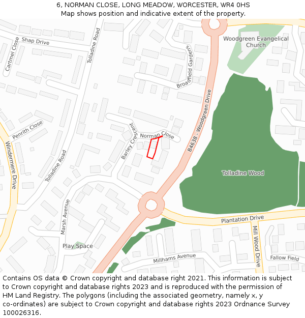6, NORMAN CLOSE, LONG MEADOW, WORCESTER, WR4 0HS: Location map and indicative extent of plot