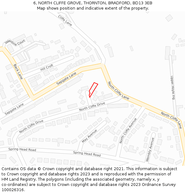 6, NORTH CLIFFE GROVE, THORNTON, BRADFORD, BD13 3EB: Location map and indicative extent of plot